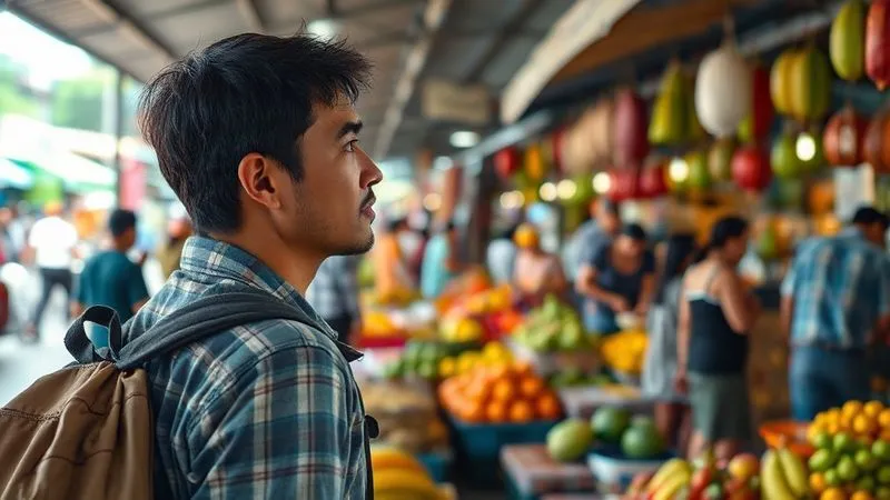 A photorealistic image of a lone traveler, observing a bustling local market in Southeast Asia from a distance, with a thoughtful and curious expression. The scene is filled with vibrant colors, exotic fruits, and people interacting, all captured with sharp focus and cinematic lighting. Professional photography, 8K, depth of field.