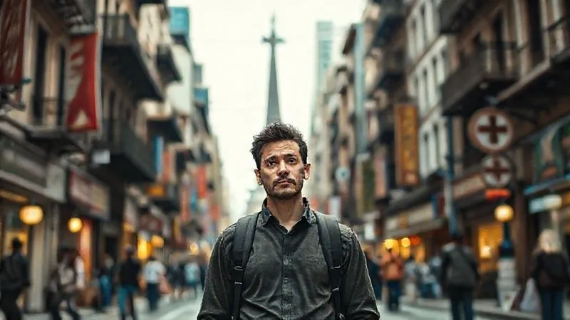 A photorealistic image of a person standing at a crossroads in a bustling, ancient city, looking slightly perplexed but determined, with different cultural symbols subtly integrated into the architecture around them. The lighting is soft, suggesting a moment of reflection and decision. Professional photography, 8K, sharp focus, depth of field.