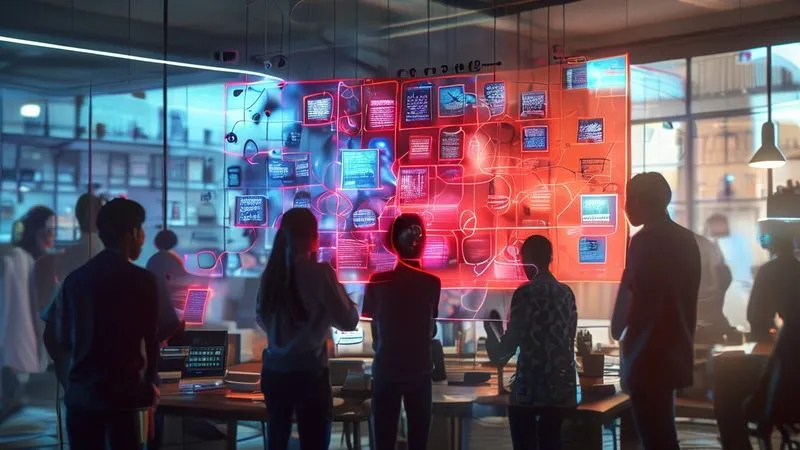 A photorealistic image of a digital Kanban board on a transparent screen, overlaid on a blurred background of diverse people working remotely from different global locations (e.g., a café in Paris, a beach in Thailand, a home office in New York). One specific card on the digital board is glowing red, indicating a bottleneck, with intricate digital threads visibly tangling around it. Cinematic lighting, sharp focus on the Kanban board, depth of field. 8K hyper-detailed, professional photography, shot on a high-end DSLR. Evokes the complexity and urgency of remote work bottlenecks.