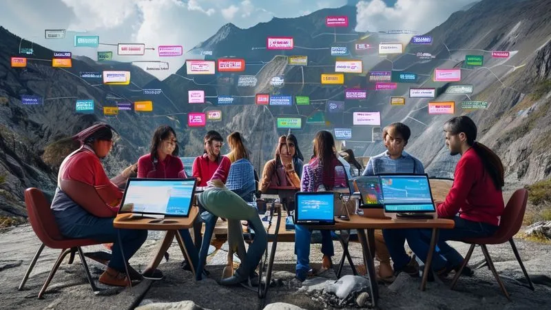 A photorealistic image of a diverse group of digital nomads, each in a different global location (e.g., a bustling co-working space, a serene mountain cabin, a vibrant city apartment), all simultaneously engaged in a virtual meeting on their laptops. A digital overlay shows speech bubbles and connection lines forming a harmonious network. The central figure is gesturing towards a shared digital Kanban board visible on their screen. Cinematic lighting, sharp focus on the individuals and their screens, depth of field. 8K hyper-detailed, professional photography, shot on a high-end DSLR. Conveys effective asynchronous communication and collaboration.