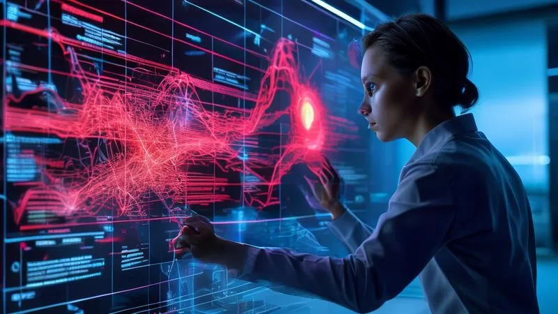 A photorealistic image of a complex Cumulative Flow Diagram (CFD) projected onto a sleek, futuristic display. The lines on the graph clearly show a narrowing bottleneck forming in the middle, with an overlaid red alert icon. A data scientist, with a focused expression, is interacting with the screen using holographic controls, indicating analysis and proactive intervention. Cinematic lighting, sharp focus on the CFD and the scientist's hands, depth of field. 8K hyper-detailed, professional photography, shot on a high-end DSLR. Illustrates data-driven problem solving and bottleneck anticipation.