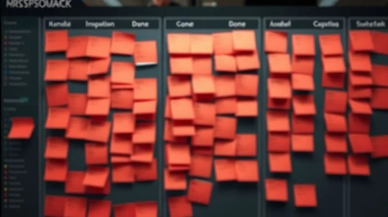 A photorealistic image of a digital Kanban board with a very cluttered "In Progress" column, showing many overlapping and stagnant task cards in shades of red and orange. In contrast, the "Done" column is almost empty. The scene conveys a sense of frustration and inefficiency, with a blurred background of a remote worker looking stressed. Cinematic lighting, sharp focus on the cluttered board, depth of field, 8K hyper-detailed, shot on a high-end DSLR.