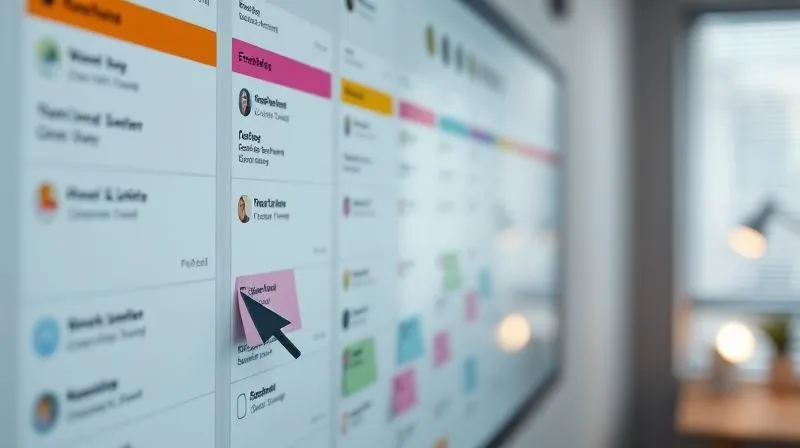A photorealistic close-up of a perfectly organized digital Kanban board, with each card clearly labeled, color-coded by type, and showing precise progress indicators. The board is brightly lit, conveying clarity and efficiency. A cursor hovers over a card, suggesting interaction. Cinematic lighting, sharp focus on the board, depth of field blurring a modern, minimalist remote workspace in the background. 8K hyper-detailed, shot on a high-end DSLR.