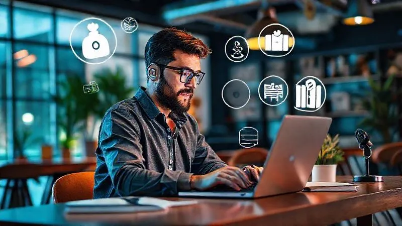 A photorealistic image showing a digital nomad working on a laptop in a vibrant co-working space, surrounded by various icons representing different income streams like a money bag, a stock market chart, a book, and a microphone, all subtly integrated into the background. Cinematic lighting, sharp focus on the nomad, depth of field, 8K, professional photography, shot on a high-end DSLR.