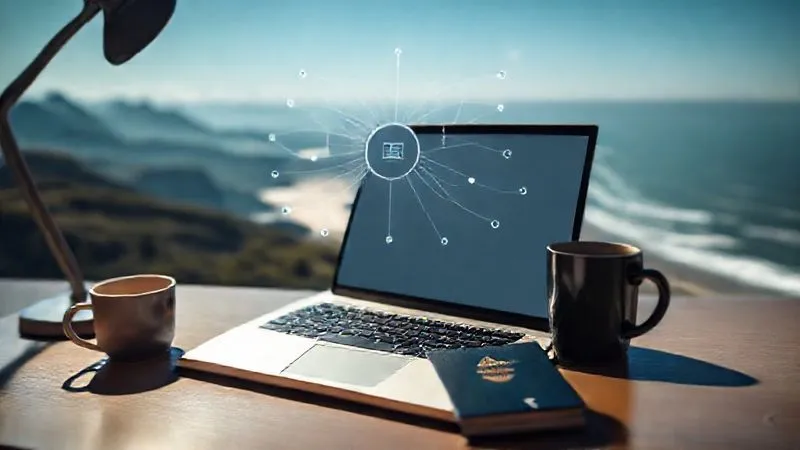 A photorealistic image of a minimalist desk setup with a laptop, a passport, and a coffee cup, overlooking a serene landscape like mountains or a beach. On the laptop screen, a complex but visually appealing diagram shows interconnected lines representing different passive income streams flowing into a central 'freedom' icon. Cinematic lighting, sharp focus on the desk, depth of field, 8K, professional photography, shot on a high-end DSLR.