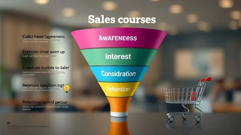 A photorealistic infographic illustrating the stages of a sales funnel for online courses, with clear labels for 'Awareness', 'Interest', 'Consideration', 'Purchase', and 'Retention'. Each stage should have small, relevant icons representing typical activities (e.g., a magnifying glass for awareness, a lightbulb for interest, a shopping cart for purchase). The funnel should be illuminated with soft, professional lighting, 8K hyper-detailed, professional photography, sharp focus on the labels, depth of field blurring the background.