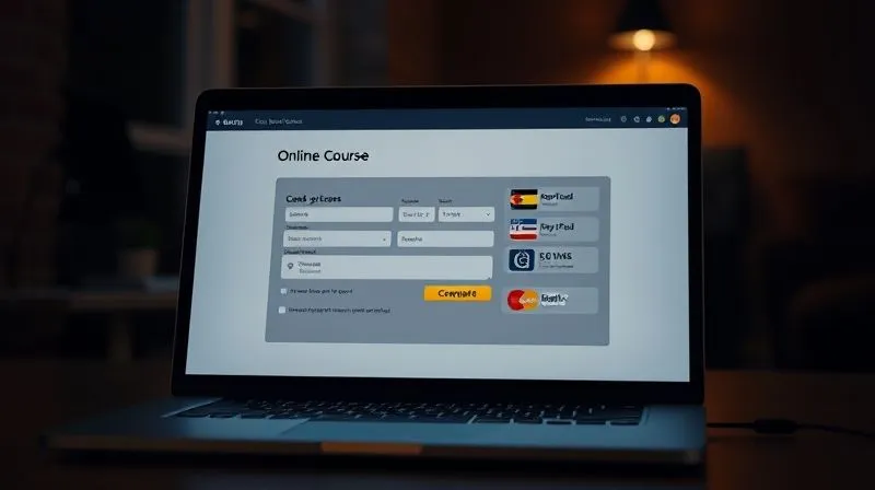 A photorealistic image of a sleek, modern online course checkout page on a laptop screen, with a simplified form, multiple payment options icons (credit card, PayPal, etc.), a prominent 'Complete Purchase' button, and trust badges. The screen is gently glowing in a dim, focused environment, conveying security and ease. Cinematic lighting, sharp focus on the checkout elements, depth of field blurring the background, 8K hyper-detailed, professional photography, shot on a high-end DSLR.
