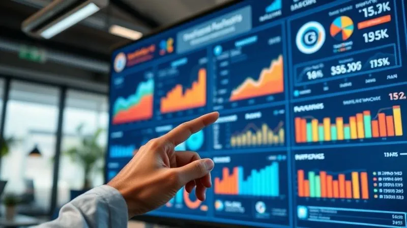 A photorealistic image of a data analytics dashboard displayed on a large, high-resolution monitor, showing various charts, graphs, and KPIs related to a sales funnel (e.g., conversion rates by stage, traffic sources, revenue growth). A hand with a stylus is pointing to a specific data point. The scene is well-lit with cinematic light, sharp focus on the dashboard details, depth of field blurring the office background, 8K hyper-detailed, professional photography, shot on a high-end DSLR.