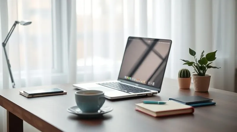 A photorealistic image of a perfectly organized, minimalist home office desk. A single laptop is open to a focused work screen, with a cup of coffee, a small plant, and a notebook neatly arranged. The background is a soft, out-of-focus window view, suggesting calm and order, cinematic lighting, 8K, sharp focus on the desk, depth of field.