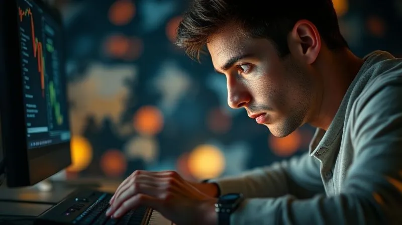 A photorealistic image of a person with intense concentration, hands on a keyboard, illuminated by the glow of a monitor. The background is a blur of abstract shapes and colors, symbolizing the world fading away as focus takes over. Cinematic lighting highlights the person's face, 8K hyper-detailed, sharp focus on the individual, depth of field.