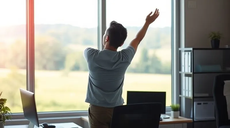 A photorealistic image of a person standing up from their desk, stretching gently, looking out a window at a serene natural landscape. The light is soft and inviting, conveying a sense of calm and rejuvenation. Professional photography, 8K, sharp focus on the person, depth of field blurring the office interior and enhancing the view outside.