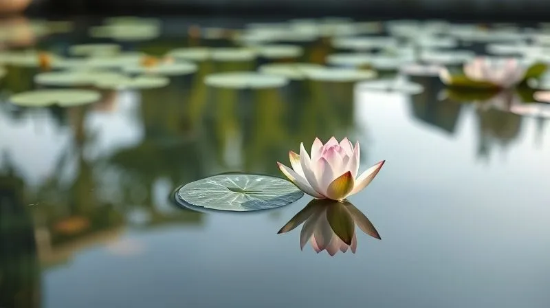 A photorealistic image of a calm and clear mind, represented by a smooth, reflective surface of water in a tranquil pond, with a single lotus flower blooming in the center. The surrounding environment is slightly blurred, emphasizing the clarity and serenity of the water. Cinematic lighting, 8K, sharp focus on the lotus and water, depth of field.