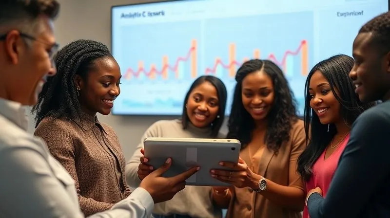A photorealistic image of a diverse group of people engaging with a minimalist digital product on a tablet, their faces showing positive reactions. A clear analytics dashboard is visible in the background on a larger screen, displaying upward trending graphs for user engagement. Cinematic lighting, sharp focus on the tablet and user expressions, depth of field blurring the background. 8K hyper-detailed, professional photography, shot on a high-end DSLR.