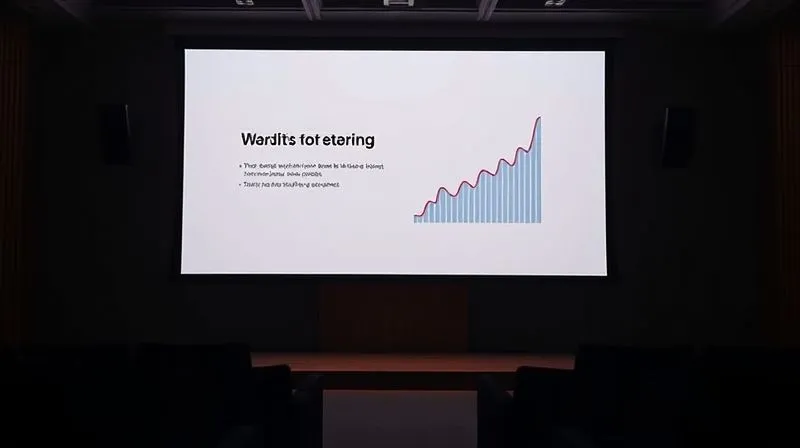 A photorealistic, highly detailed image of a minimalist and elegant pitch deck slide being projected onto a screen in a dimly lit room. The slide features a clean layout with a bold headline, a compelling data visualization (e.g., an upward-trending line graph), and a high-quality product image. The focus is on clarity and impact, with subtle cinematic lighting. 8K hyper-detailed, professional photography, shot on a high-end DSLR.