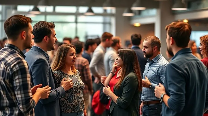A photorealistic, vibrant image capturing a networking event for entrepreneurs and investors. Diverse individuals are engaged in lively conversations, exchanging business cards, and making connections in a modern, open-plan space. The atmosphere is energetic and collaborative, with cinematic lighting and a subtle depth of field. 8K hyper-detailed, professional photography, shot on a high-end DSLR.