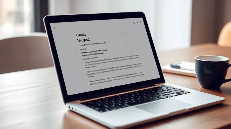 A photorealistic image of a professional, minimalist email interface on a laptop screen, displaying an update email from a startup founder to an angel investor. The email subject is clear and positive, and the body shows concise bullet points summarizing recent achievements and next steps. A coffee cup and a notepad are subtly visible in the background, suggesting thoughtful work. Cinematic lighting, sharp focus on the email content. 8K hyper-detailed, professional photography, shot on a high-end DSLR.