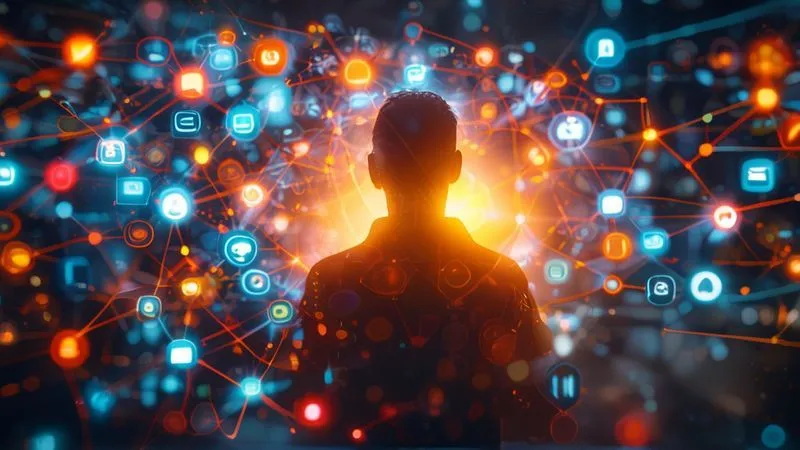 A photorealistic image of a digital nomad's professional personal brand represented by a glowing, interconnected network of social media icons, a sleek website interface, and a confident silhouette of the nomad in the foreground, cinematic lighting, 8K hyper-detailed, sharp focus on the digital elements, depth of field.