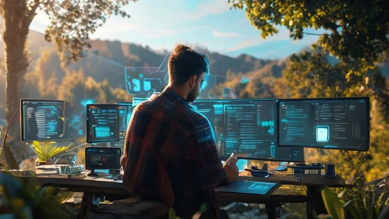 A photorealistic image of a digital nomad working serenely in a beautiful outdoor setting, with various digital tools and interfaces (like a CRM dashboard, email automation flow, and project management board) subtly overlaid and interconnected around them, symbolizing seamless automation and efficiency. Cinematic lighting, 8K, sharp focus, depth of field.