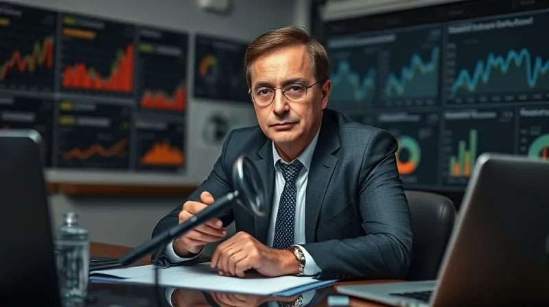 A photorealistic image of a business leader sitting at a desk, surrounded by data charts and analytics dashboards, with a magnifying glass over a specific data point, symbolizing detailed problem diagnosis. The lighting is focused and analytical, sharp focus on the leader's thoughtful expression. professional photography, 8K, cinematic lighting, sharp focus, depth of field, shot on a high-end DSLR.