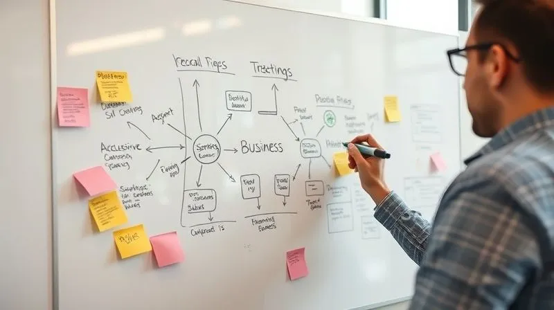 A photorealistic image of a manager at a whiteboard, actively sketching out a business strategy with markers, surrounded by sticky notes and diagrams, connecting theoretical concepts to practical steps. The setting is a modern, collaborative office space, with bright, natural lighting. professional photography, 8K, cinematic lighting, sharp focus, depth of field, shot on a high-end DSLR.