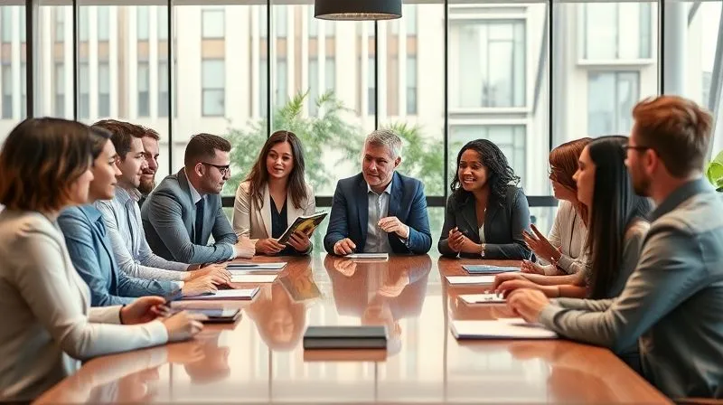 A photorealistic image of a diverse group of business professionals engaged in a lively discussion around a large, modern conference table, some holding books or tablets, symbolizing collaborative learning and knowledge sharing. The atmosphere is energetic and intellectual, with soft, inviting lighting. professional photography, 8K, cinematic lighting, sharp focus, depth of field, shot on a high-end DSLR.