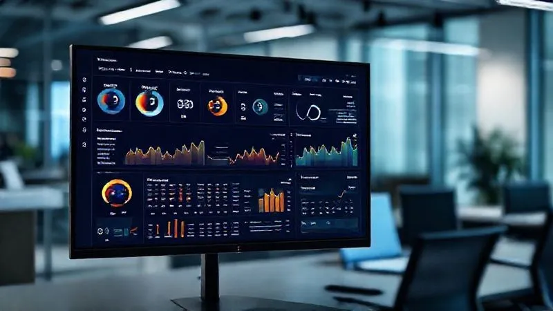 A photorealistic, professional photography, 8K image of a dynamic data analytics dashboard on a large monitor, displaying various engagement metrics like completion rates, forum participation, and time spent, with trending graphs and heatmaps. Cinematic lighting, sharp focus on the dashboard, depth of field blurring a modern office background. Shot on a high-end DSLR.