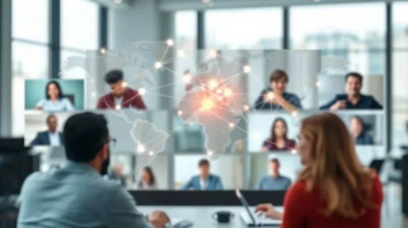 A photorealistic image of a diverse group of professionals from different global locations, each visible in a small video conference window, actively engaged in a lively discussion. The central focus is a glowing, interconnected web of communication lines, symbolizing effective virtual collaboration. Cinematic lighting, sharp focus on the interconnectedness, depth of field blurring the individual backgrounds, 8K hyper-detailed, professional photography, shot on a high-end DSLR.