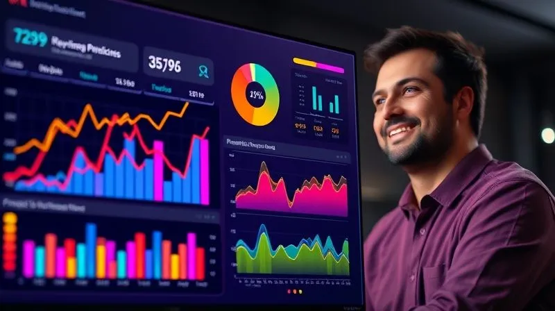 A photorealistic image of a vibrant, multi-colored dashboard displaying key performance indicators (KPIs) and project progress in an elegant, futuristic interface. The dashboard shows charts, graphs, and percentages, all pointing upwards, with a subtle glow. In the background, a remote team member is visible, smiling confidently at their screen. Cinematic lighting, sharp focus on the data visualization, depth of field blurring the background, 8K hyper-detailed, professional photography, shot on a high-end DSLR.