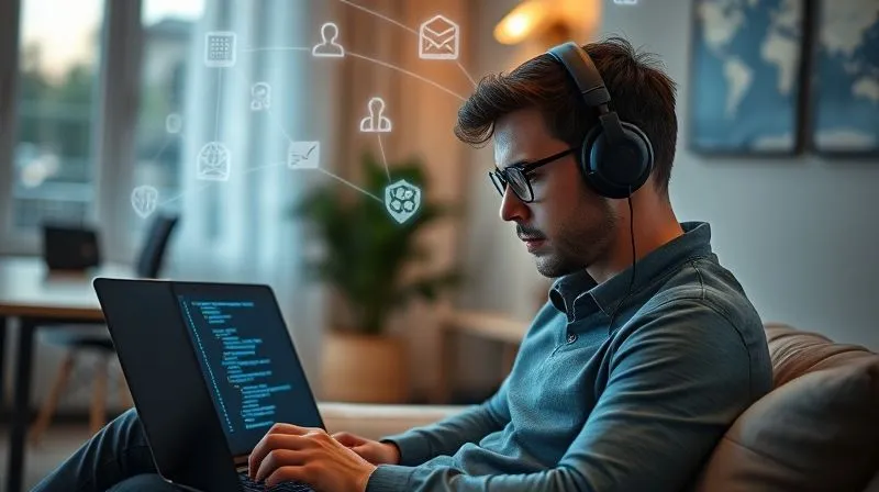 A photorealistic image of a person wearing headphones, sitting comfortably in a modern home office, intensely focused on a laptop screen displaying complex code or a project management dashboard. Above their head, subtle glowing lines connect to various digital learning platforms and professional development icons, symbolizing continuous growth and skill acquisition. Cinematic lighting, sharp focus on the individual and the digital connections, depth of field blurring the background, 8K hyper-detailed, professional photography, shot on a high-end DSLR.