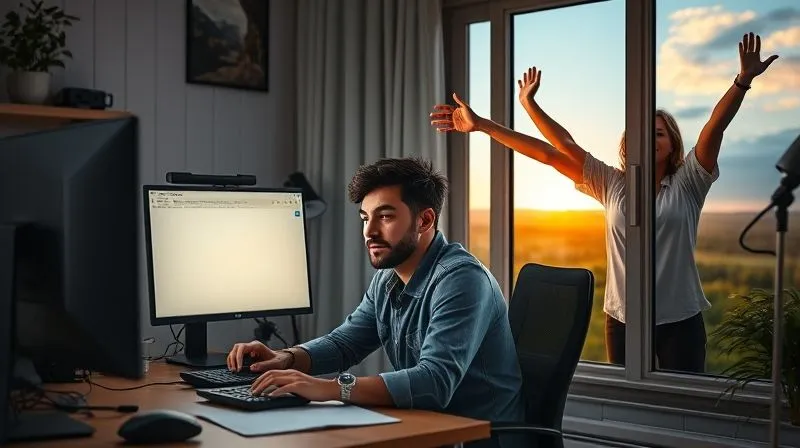 A photorealistic image depicting a person at a home office desk, initially looking tired and surrounded by glowing screens (representing Zoom fatigue), then transitioning to a vibrant, energetic scene where they are outside, stretching, smiling, and re-energized. The image should convey overcoming digital burnout and finding balance. Cinematic lighting, sharp focus on the emotional transition, depth of field, 8K hyper-detailed, professional photography, shot on a high-end DSLR.