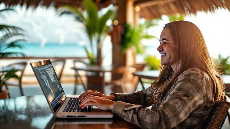 A photorealistic image of a digital nomad sitting in a cozy cafe in a tropical location, happily typing on a laptop, submitting a question via an online form, with a world map subtly blurred in the background, cinematic lighting, sharp focus on the hands and screen, 8K hyper-detailed.