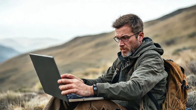 A photorealistic image of a nomadic digital worker struggling with a laptop in a remote, scenic location, looking frustrated but determined. The laptop screen shows a frozen video call, and the background subtly hints at a beautiful but isolated natural setting, cinematic lighting, sharp focus on the individual, 8K hyper-detailed.