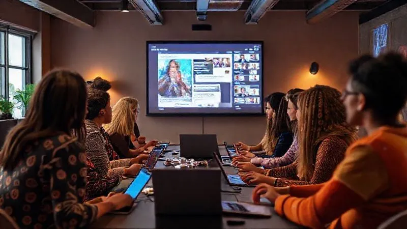 A diverse group of digital nomads participating in an online workshop, some with video off, focused on text chat and audio, with a vibrant, inclusive atmosphere. The screen shows a clear presentation slide and a lively chat window. Photorealistic, professional photography, 8K, cinematic lighting, sharp focus, depth of field.