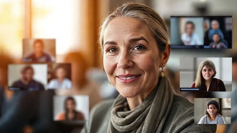 A professional, empathetic workshop facilitator speaking directly to the camera, with a diverse group of online participants visible in small frames around them, some blurred due to connection issues, but all looking engaged through their expressions and chat interactions. The facilitator has a calm, reassuring demeanor, cinematic lighting highlighting their face, 8K hyper-detailed, depth of field blurring the background slightly to emphasize the interaction.