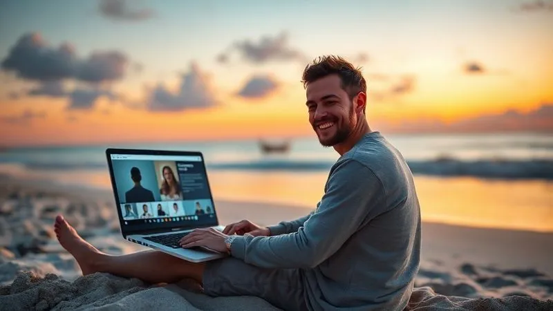 A photorealistic image of a person sitting by a laptop on a beach at sunset, with a serene expression, symbolizing freedom and remote work. The laptop screen shows a collaborative online workshop interface. Cinematic lighting, sharp focus on the person and laptop, depth of field blurring the background, 8K hyper-detailed, professional photography, shot on a high-end DSLR.