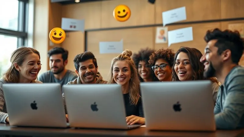 A photorealistic image of a diverse group of people from different countries laughing and interacting during an online workshop, with chat bubbles and emojis floating around their screens. The atmosphere is vibrant and collaborative. Cinematic lighting, sharp focus on the interactions, depth of field blurring individual backgrounds, 8K hyper-detailed, professional photography, shot on a high-end DSLR.