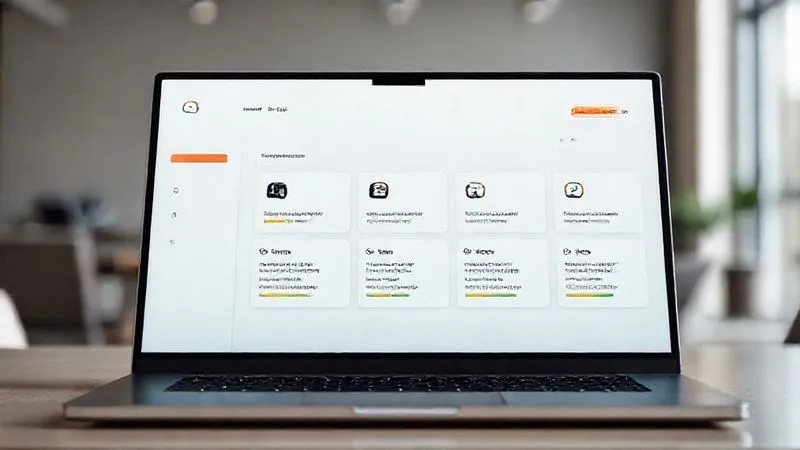 A photorealistic image of a sleek, modern digital dashboard displaying a modular online course structure. Each module is represented by an icon and a short title, with progress bars indicating completion. The interface is clean, intuitive, and designed for easy navigation on a laptop screen, with a blurred background showing a minimalist co-working space. Cinematic lighting, sharp focus on the screen, 8K hyper-detailed, shot on a high-end DSLR.