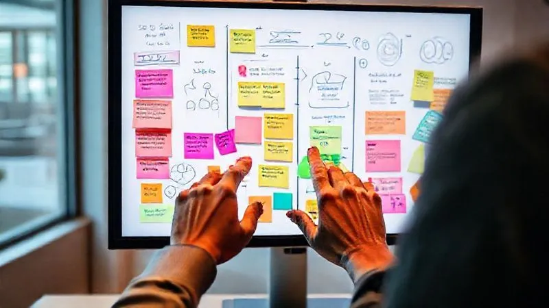 A photorealistic, vibrant image of a digital whiteboard interface (like Miro or Mural) filled with colorful sticky notes, diagrams, and text, collaboratively edited by multiple cursors from different users. The screen is shown on a high-resolution monitor in a modern, minimalist co-working space, with a person's hands lightly touching a trackpad, indicating active participation. Cinematic lighting, sharp focus on the screen content, 8K hyper-detailed, shot on a high-end DSLR.