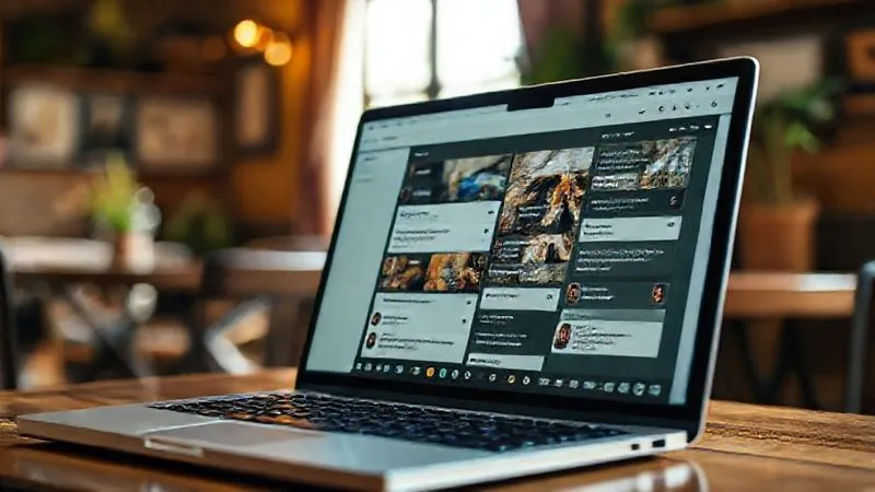 A photorealistic image of a vibrant online community forum or chat group interface on a laptop screen, showing active discussions, shared photos of travel, and supportive messages between digital nomads. The screen is clear and well-lit, with a blurred background of a cozy, sunlit cafe. Cinematic lighting, sharp focus on the community interface, 8K hyper-detailed, shot on a high-end DSLR.