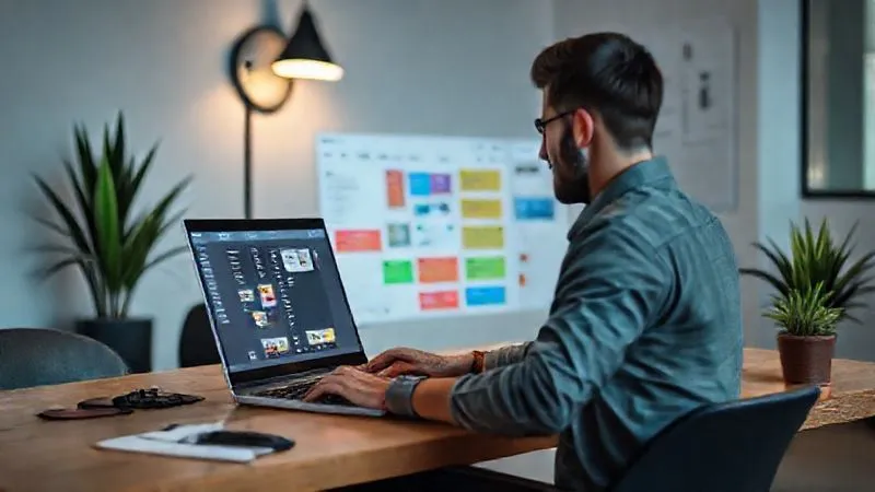 A digital nomad working on a laptop in a minimalist co-working space, displaying a project management dashboard with colorful task cards. photorealistic, professional photography, 8K, cinematic lighting, sharp focus, depth of field, shot on a high-end DSLR.