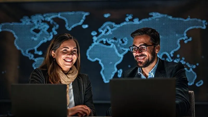 A professional digital nomad engaged in a video call with a client, both smiling and looking collaborative. A world map is subtly in the background, symbolizing global connection. photorealistic, professional photography, 8K, cinematic lighting, sharp focus, depth of field, shot on a high-end DSLR.