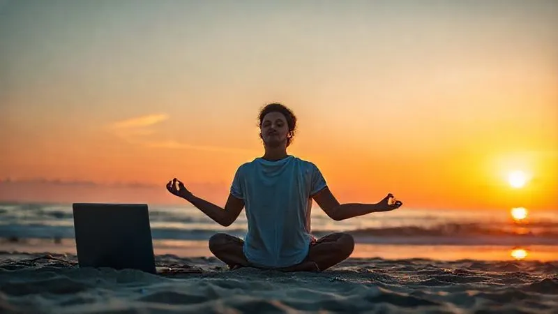 A digital nomad meditating calmly on a beach at sunset, laptop closed beside them, symbolizing work-life balance and mental well-being. photorealistic, professional photography, 8K, cinematic lighting, sharp focus, depth of field, shot on a high-end DSLR.