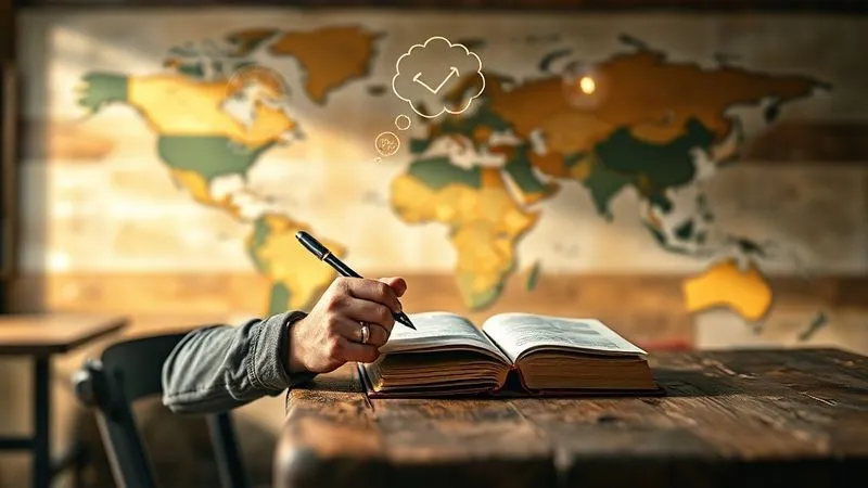 A photorealistic, professional photography, 8K, cinematic lighting, sharp focus, depth of field image of a person sitting thoughtfully at a rustic wooden table, surrounded by a blurred map of the world, with a journal open and a pen in hand, contemplating different ideas represented by small, glowing thought bubbles above their head. The setting is warm and inviting, perhaps a cozy cafe or a home office with natural light.