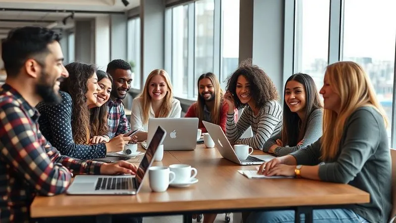 A photorealistic, professional photography, 8K, cinematic lighting, sharp focus, depth of field image of a diverse group of digital nomads, smiling and collaborating at a modern, bright coworking space. Laptops are open, coffee cups on desks, and some are engaged in lively discussion. The atmosphere is vibrant and productive, with large windows overlooking a city or natural landscape.