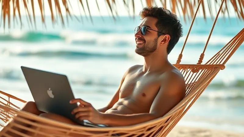 Photorealistic image of a digital nomad relaxing on a hammock on a beach, gently swaying, looking at the ocean with a content smile, a book resting on their chest. The laptop is out of sight. Emphasize cinematic lighting, sharp focus on the person, depth of field blurring the ocean waves, 8K hyper-detailed, professional photography, shot on a high-end DSLR.