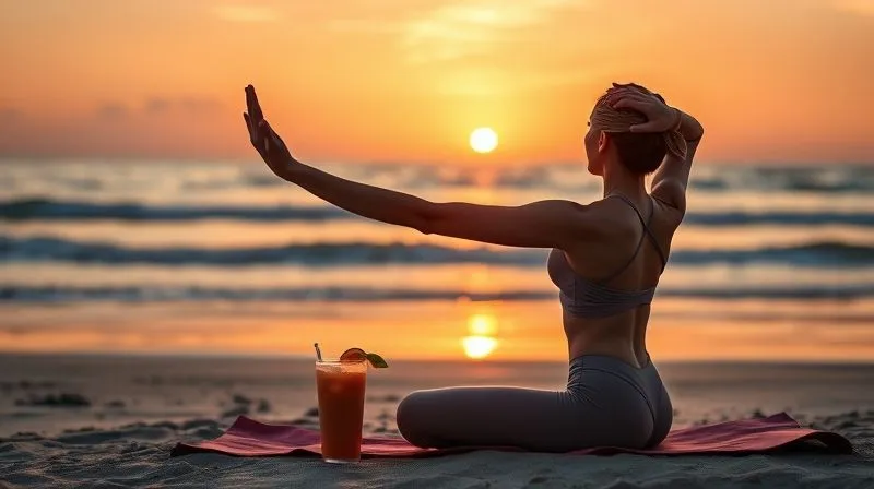 Photorealistic image of a digital nomad doing yoga poses on a serene beach at sunrise, with a vibrant, healthy fruit smoothie next to them. The scene emphasizes peace, health, and balance. Emphasize cinematic lighting, sharp focus on the person, depth of field blurring the sunrise ocean, 8K hyper-detailed, professional photography, shot on a high-end DSLR.