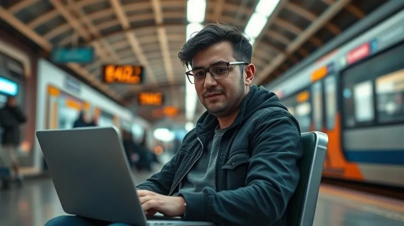 Photorealistic image of a digital nomad sitting calmly in a slightly chaotic but beautiful train station, laptop open, a serene expression on their face, adapting to the environment. Emphasize cinematic lighting, sharp focus on the person, depth of field blurring the background movement, 8K hyper-detailed, professional photography, shot on a high-end DSLR.