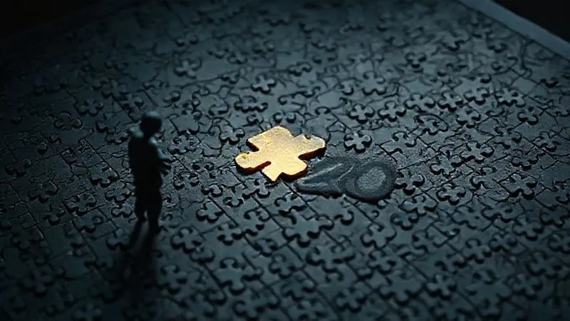 A photorealistic image of a single person strategically placing a small, illuminated piece of a puzzle onto a large, complex but mostly dark puzzle board, symbolizing the 80/20 rule in content strategy. Cinematic lighting, sharp focus, depth of field, 8K.