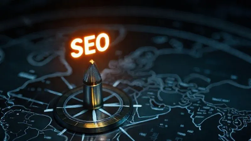 A photorealistic image of a digital compass needle pointing directly towards a glowing "SEO" icon on a dark, intricate map, symbolizing precise SEO strategy for nomads. Cinematic lighting, sharp focus, depth of field, 8K.