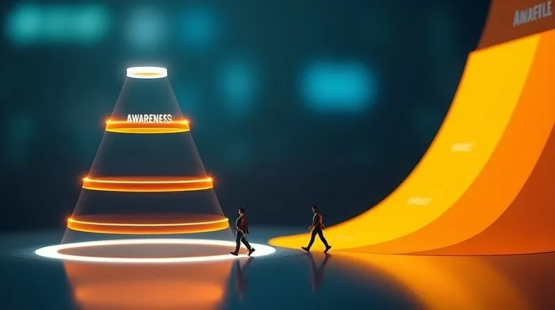 A photorealistic, professional photography of a marketing funnel diagram glowing with light, showing stages from awareness to conversion, with small digital nomad figures moving through it. Cinematic lighting, sharp focus, depth of field, 8K hyper-detailed, shot on a high-end DSLR.